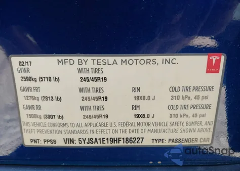 2017 Tesla Model S 60/75 из США, поврежденный, VIN 5YJSA1E19HF186227